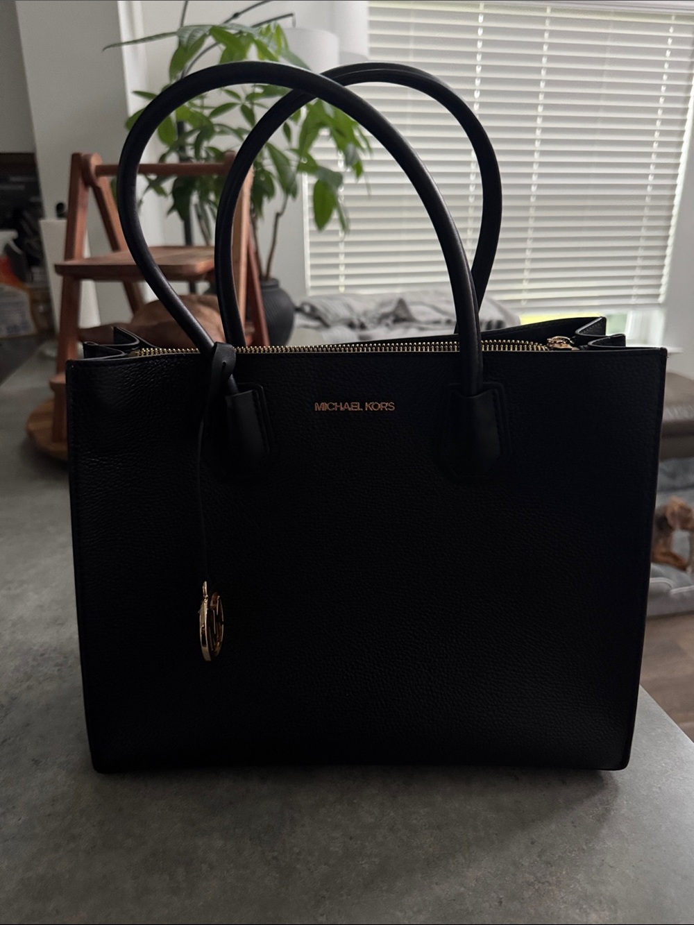 Michael Kors Black Pebbled Leather Tote with Gold Accents